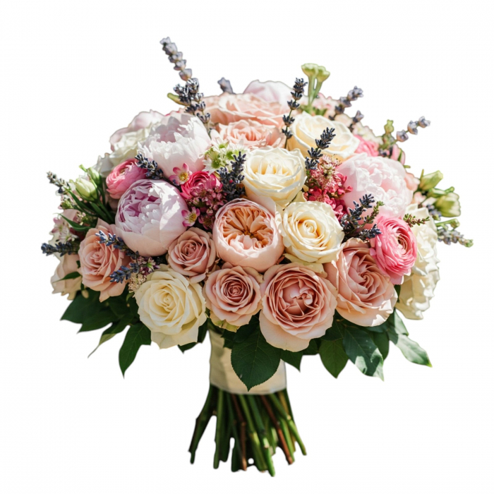 Buchet mireasă bujori roz, trandafiri albi și roz, wax și lisianthus. [1]
