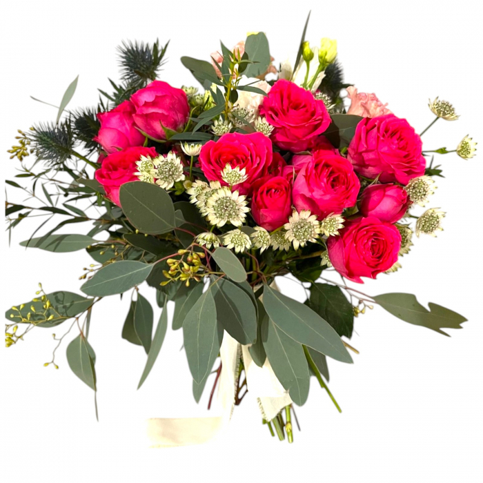 Buchet mireasa cu trandafiri, lisianthus si eryngium [2]