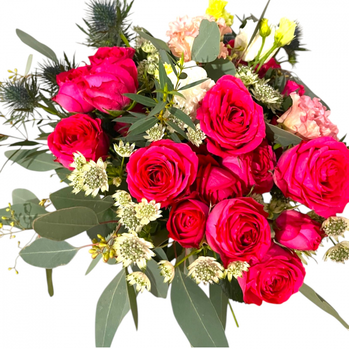 Buchet mireasa cu trandafiri, lisianthus si eryngium [4]