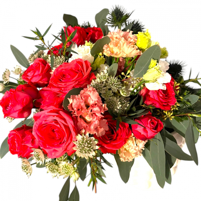 Buchet mireasa cu trandafiri, lisianthus si eryngium [3]