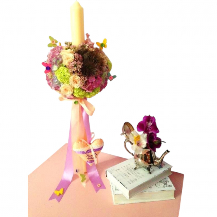 Lumânare de botez hortensie albă și roz, trandafiri light peach, viburnum [2]