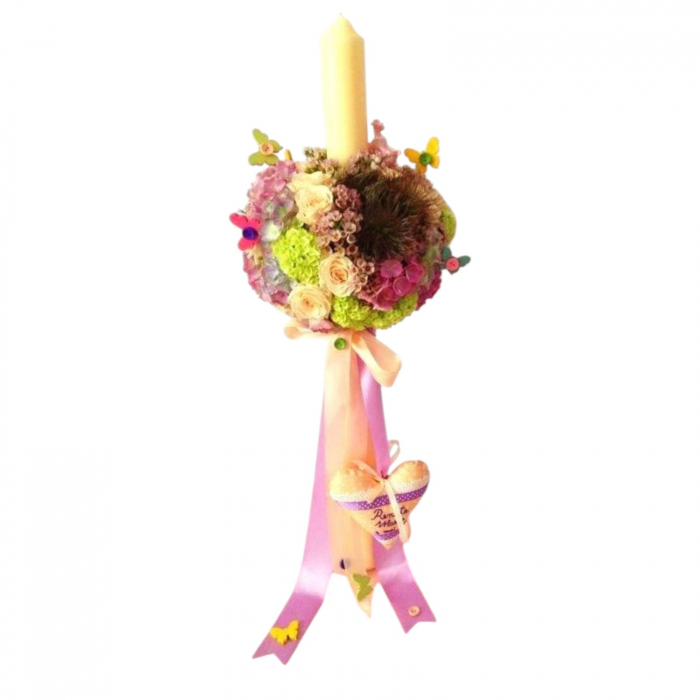 Lumânare de botez hortensie albă și roz, trandafiri light peach, viburnum [1]