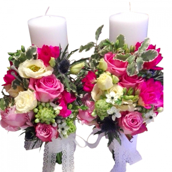 Lumânări cununie religioasă bujori roz, trandafiri roz, brunia, lisianthus alb, ornithogalum. [1]