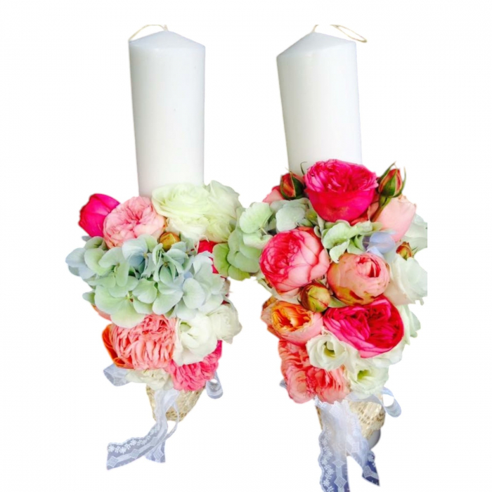 Lumânări cununie religioasă hortensie bleu, trandafiri roz și somon, lisianthus alb. [1]