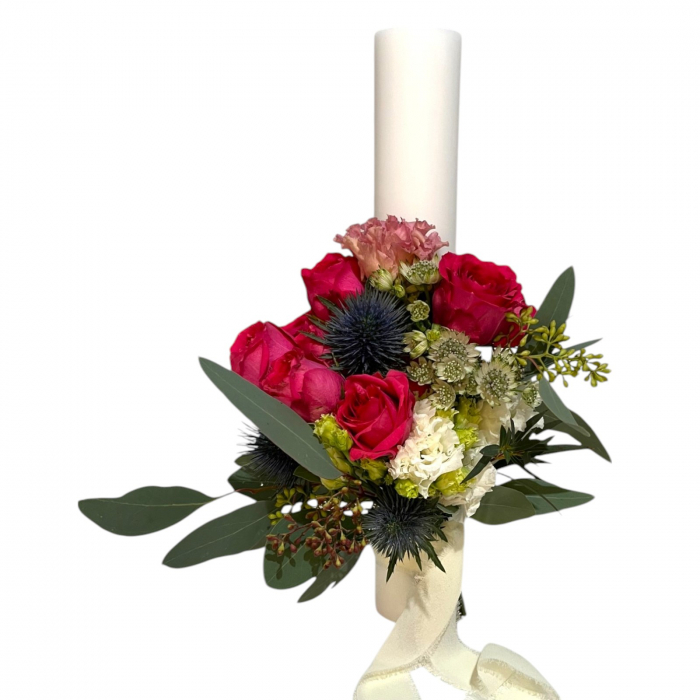 Lumânări cununie religioasă trandafiri cyclam, lisianthus alb, eryngium și atrantia albă. [2]