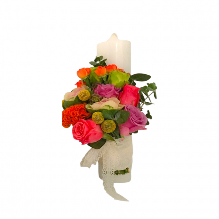 Lumânări cununie religioasă trandafiri roz și corai, brassica, celosia, craspedia. [2]