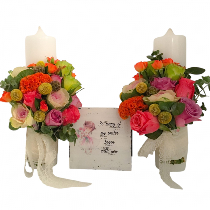 Lumânări cununie religioasă trandafiri roz și corai, brassica, celosia, craspedia. [1]