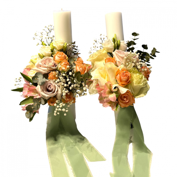 Lumanari pentru cununie cu trandafiri albi si lila,minirose, lisianthus alb si alstromeria [2]