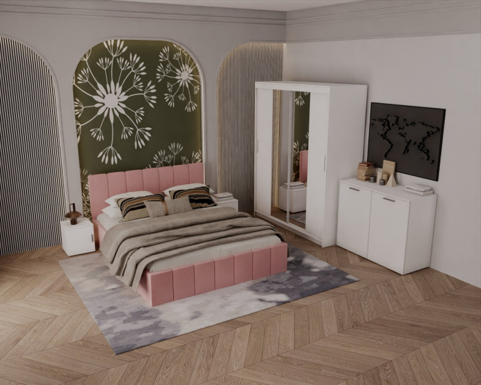 Set Dormitor Alex cu oglinda, 160x200cm, Roz + Alb, Pal 18 mm [2]