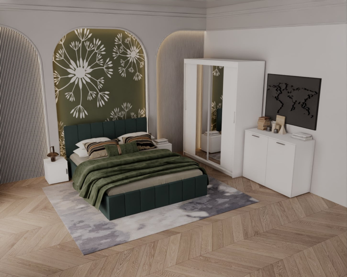 Set Dormitor Alex cu oglinda, Pat 160x200cm, Verde + Alb, Pal 18 mm [2]
