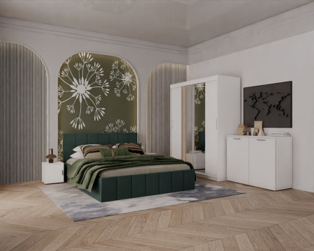 DORMITOARE COMPLETE - Set Dormitor Alex cu oglinda, Pat 160x200cm, Verde + Alb, Pal 18 mm