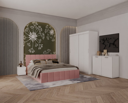 DORMITOARE COMPLETE - Set Dormitor Alex, Pat 160x200cm, Roz + Alb, Pal 18 mm