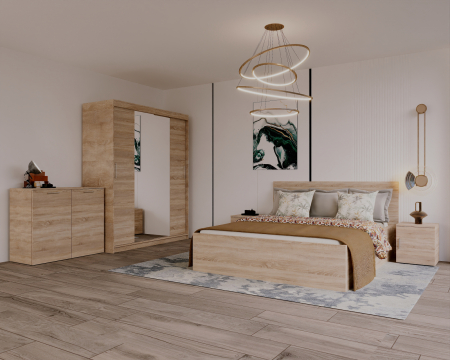 DORMITOARE COMPLETE - Set Dormitor Elis cu oglinda, Pat 160x200cm, Sonoma, Pal 18 mm