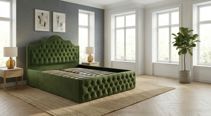 Pat dublu tapitat Colorado cu nasturi tapitati, 140/200 cm, culoare kaki, cu somiera metalica rabatabila si spatiu de depozitare [6]