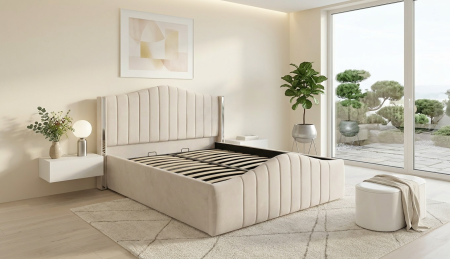 Paturi tapițate - Pat dublu tapitat Alaska, 160/200 cm, crem cu benzi argintii, cu somiera metalica rabatabila si spatiu de depozitare