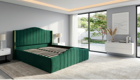 Paturi tapițate - Pat dublu tapitat Alaska, 160/200 cm, verde cu benzi aurii, cu somiera metalica rabatabila si spatiu de depozitare