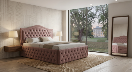 Pat dublu tapitat Arizona Deluxe cu nasturi sticla 160/200 cm cappuccino cu somiera metalica rabatabila si spatiu de depozitare [0]