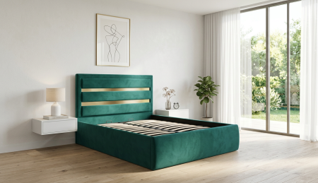 Paturi tapițate - Pat dublu tapitat Bergamo, 140/200 cm, verde cu benzi aurii, cu somiera metalica rabatabila si spatiu de depozitare