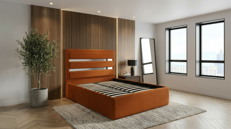 Magazin - Pat dublu tapitat Bergamo, 160/200 cm, caramiziu cu benzi argintii, cu somiera metalica rabatabila si spatiu de depozitare