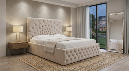 Magazin - Pat dublu tapitat Carolina, 160/200 cm, crem cu nasturi tapitati, cu somiera metalica rabatabila si spatiu de depozitare