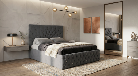 Magazin - Pat dublu tapitat Carolina, 160/200 cm, gri inchis cu nasturi sticla, cu somiera metalica rabatabila si spatiu de depozitare