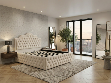 Pat dublu tapitat Colorado Deluxe cu nasturi sticla, 140/200 cm, culoare crem, cu somiera metalica rabatabila si spatiu de depozitare [5]