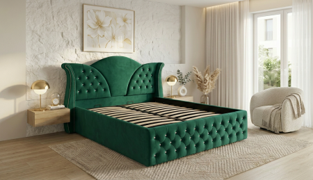 Paturi tapițate - Pat dublu tapitat Florida cu nasturi sticla 160/200 cm verde cu somiera metalica rabatabila si spatiu de depozitare