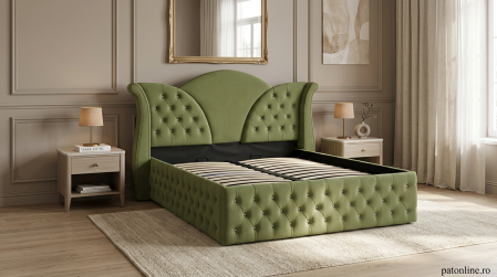 Magazin - Pat dublu tapitat Florida Deluxe cu nasturi sticla 160/200 cm kaki cu somiera metalica rabatabila si spatiu de depozitare