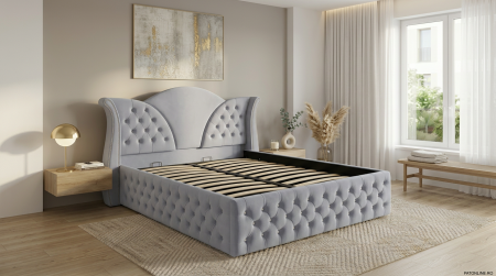 Paturi tapițate - Pat dublu tapitat Florida Deluxe nasturi tapitati 180/200 cm gri deschis cu somiera metalica rabatabila si spatiu de depozitare