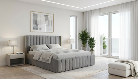 Pat dublu tapitat Georgia, 160/200 cm, gri inchis cu benzi aurii, cu somiera metalica rabatabila si spatiu de depozitare [0]