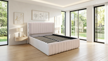 Paturi tapițate - Pat dublu tapitat Georgia, 180/200 cm, crem cu benzi argintii, cu somiera metalica rabatabila si spatiu de depozitare