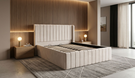 Magazin - Pat dublu tapitat Georgia simple 160/200 cm, crem, cu somiera metalica rabatabila si spatiu de depozitare