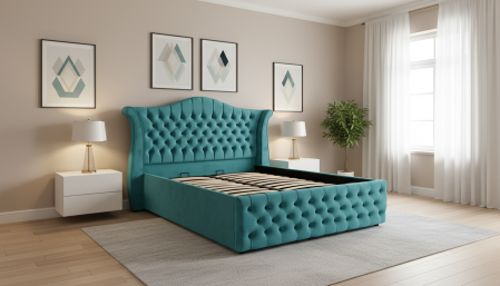 Magazin - Pat dublu tapitat HOUSTON 160/200 cm, albastru deschis, cu somiera metalica rabatabila si spatiu de depozitare