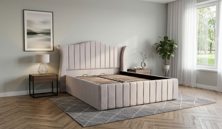 Pat dublu tapitat HOUSTON line 160/200 crem, cu somiera metalica rabatabila si spatiu de depozitare [0]