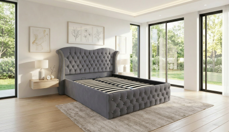 Paturi tapițate - Pat dublu tapitat model Indiana cu nasturi sticla, 160/200 cm, gri inchis, cu somiera metalica rabatabila si spatiu de depozitare