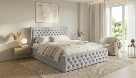 Paturi tapițate - Pat dublu tapitat Louisiana Deluxe 180/200 cm culoare gri deschis cu somiera metalica rabatabila si spatiu de depozitare