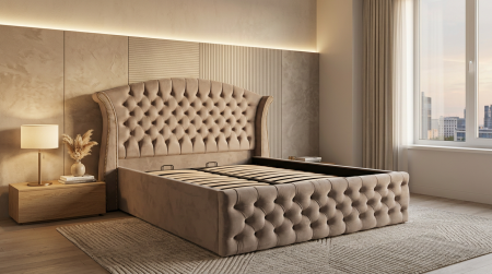 Pat dublu tapitat Miami 160/200 cm cappuccino cu detalii aurii, cu somiera metalica rabatabila si spatiu de depozitare [0]