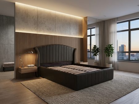 Pat dublu tapitat Miami line 160/200 cm, negru cu detalii aurii, cu somiera metalica rabatabila si spatiu de depozitare [0]