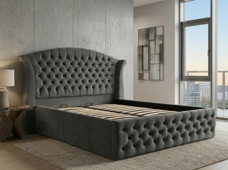 Pat dublu tapitat Miami Simple 160/200 cm, gri inchis, cu somiera metalica rabatabila si spatiu de depozitare [0]