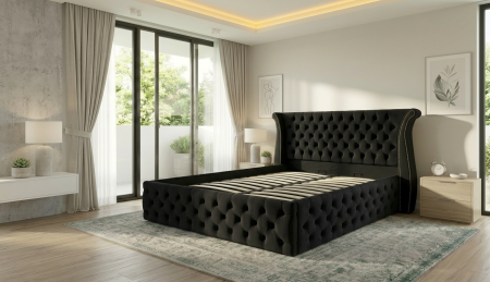 Promotii - Pat dublu tapitat model Alabama, 160/200 cm, culoare negru, cu somiera metalica rabatabila si spatiu de depozitare