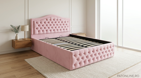 Paturi tapițate - Pat dublu tapitat model Arizona 160/200 cm culoare roz cu somiera metalica rabatabila si spatiu de depozitare