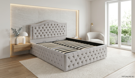 Paturi tapițate - Pat dublu tapitat model Arizona Deluxe 160/200 cm culoare gri deschis cu somiera metalica rabatabila si spatiu de depozitare