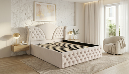 Paturi tapițate - Pat dublu tapitat model Florida 140/200 cm culoare crem cu somiera metalica rabatabila si spatiu de depozitare