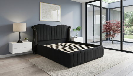 Paturi tapițate - Pat dublu tapitat model Hawaii, 160/200 cm, culoare negru, cu somiera metalica rabatabila si spatiu de depozitare