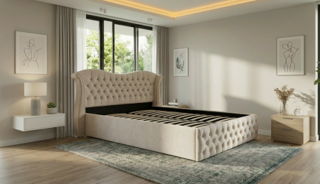 Paturi tapițate - Pat dublu tapitat model Indiana, 160/200 cm, culoare crem, cu somiera metalica rabatabila si spatiu de depozitare