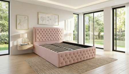 Paturi tapițate - Pat dublu tapitat model Louisiana 160/200 cm culoare cappuccino cu somiera metalica rabatabila si spatiu de depozitare