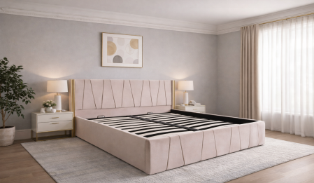 Paturi tapițate - Pat dublu tapitat model Montana 140/200 culoare crem cu somiera metalica rabatabila si spatiu depozitare