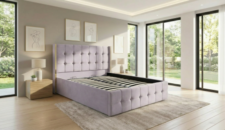 Paturi tapițate - Pat dublu tapitat model Nevada 160/200 cm culoare crem cu somiera metalica rabatabila si spatiu de depozitare