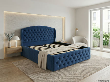 Paturi tapițate - Pat dublu tapitat model Vancouver 180/200 cm culoare albastru cu somiera metalica rabatabila si spatiu de depozitare