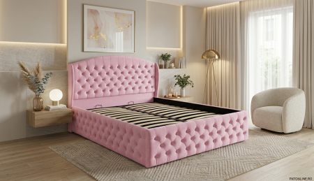 Paturi tapițate - Pat dublu tapitat model Vancouver Deluxe 120/200 cm culoare roz cu somiera metalica rabatabila si spatiu de depozitare